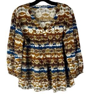 Figueroa & Flower Tie Dye Leopard Blue Gold Boho Blouse Medium